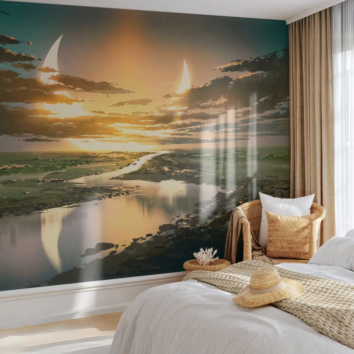 Zelfklevend Fotobehang Deluxe Sticker - Ergens in een sterrenstelsel ver, ver weg - Landschap, Maan, Fantasie - 250x175 cm