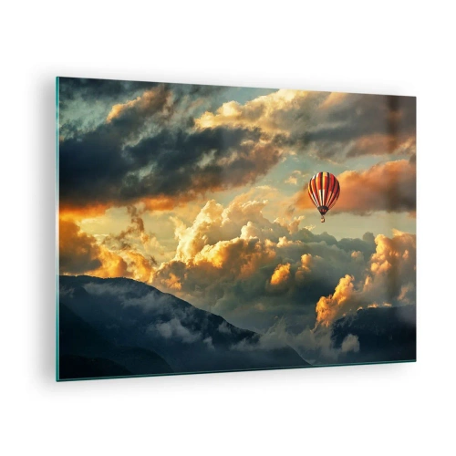 Schilderen op glas - Een ballon die boven de bergen zweeft tussen de wolken bij zonsondergang - 70x50cm - Ik vlieg omdat ik dat wil - Moderne wanddecoratie voor woonkamer en slaapkamer ARTTOR