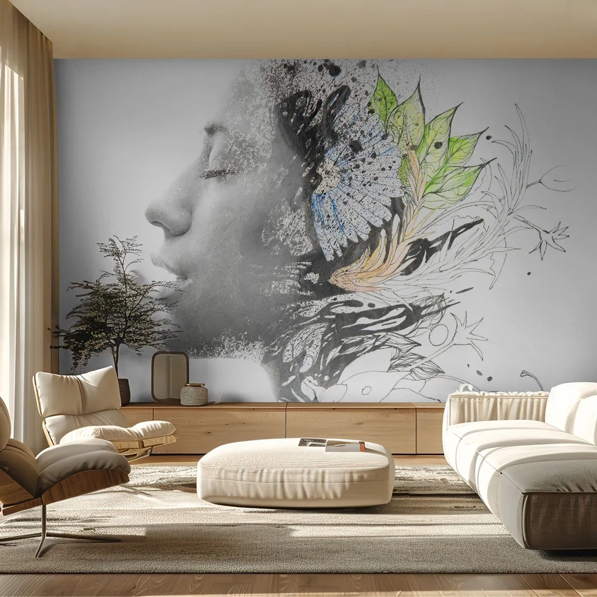 Fotobehang Standard Eco - Ondergedompeld in de natuur - Abstractie, Het gezicht van de vrouw, Bloemen - 400x280 cm