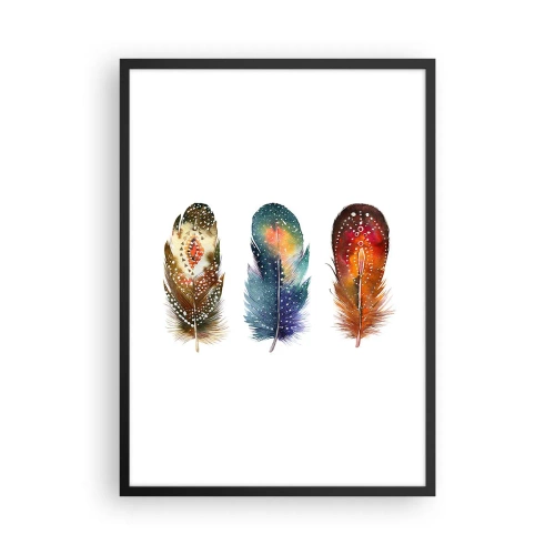 Poster in een zwarte lijst - Kleurrijke veren in een artistieke stijl op een witte achtergrond - 50x70cm - Rituelen, ceremonies, geheimen - Moderne wanddecoratie voor woonkamer en slaapkamer ARTTOR