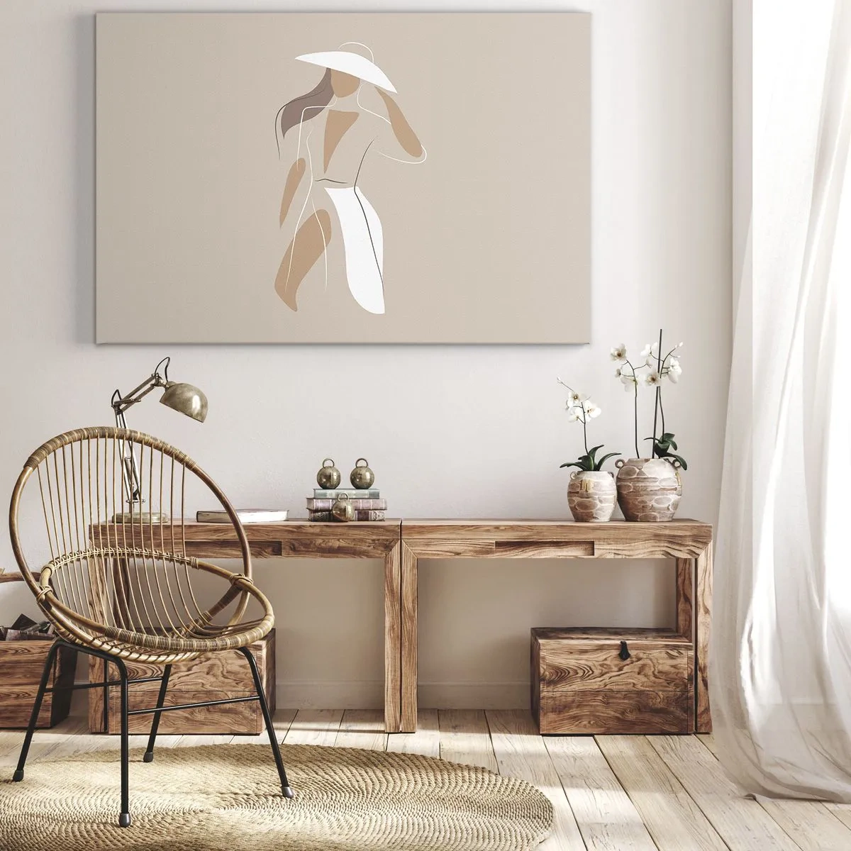 Schilderen op canvas - Een minimalistische tekening van een vrouw met een hoed op een beige achtergrond. - 70x50cm - Mode is leuk - Moderne wanddecoratie voor woonkamer en slaapkamer ARTTOR