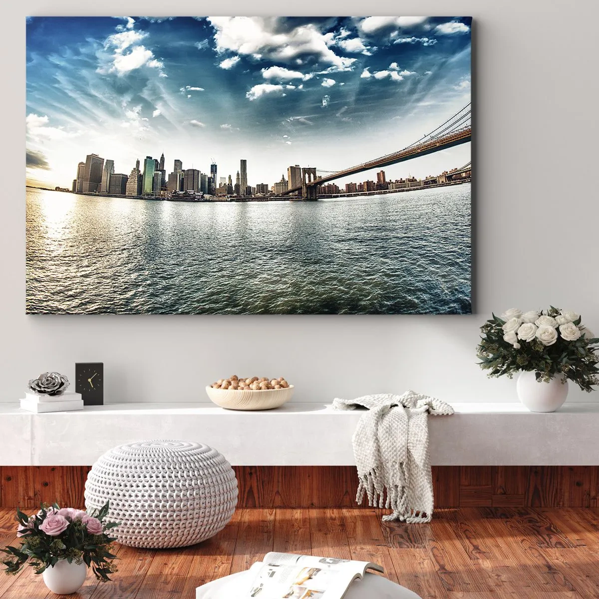 Schilderen op canvas - Panorama van de stad met een brug tegen de blauwe lucht - 70x50cm - Het glazen eiland - Moderne wanddecoratie voor woonkamer en slaapkamer ARTTOR
