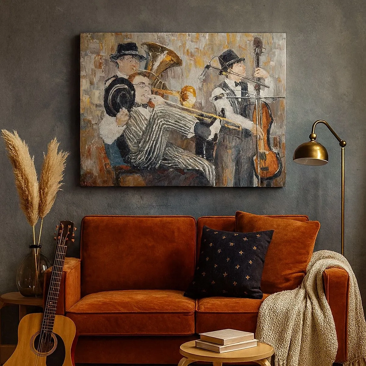 Schilderen op canvas - Jazzmuzikanten in schilderachtige stijl tijdens een concert - 70x50cm - Al die jazz - Moderne wanddecoratie voor woonkamer en slaapkamer ARTTOR