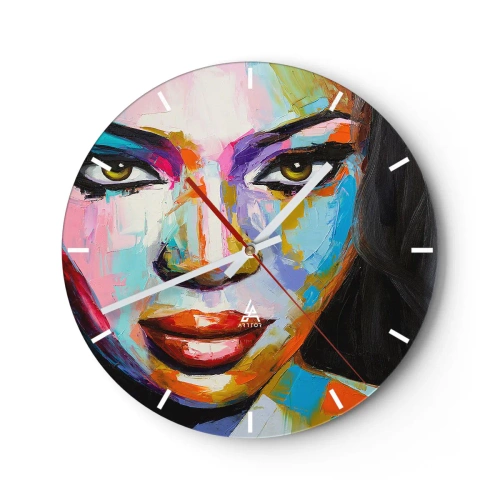 Wandklok - Klok - Een kleurrijk portret van een vrouw in intense kleuren - 30x30cm - Het is onmogelijk om je ogen af
