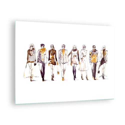 Schilderen op glas - Groep modieuze personages in schetsstijl op witte achtergrond - 70x50cm - Casual chic, casual elegantie - Moderne wanddecoratie voor woonkamer en slaapkamer ARTTOR
