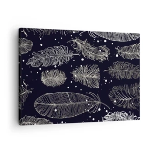 Schilderen op canvas - Fijne witte veren op een marineblauwe achtergrond - 70x50cm - Gevederde kant - Moderne wanddecoratie voor woonkamer en slaapkamer ARTTOR
