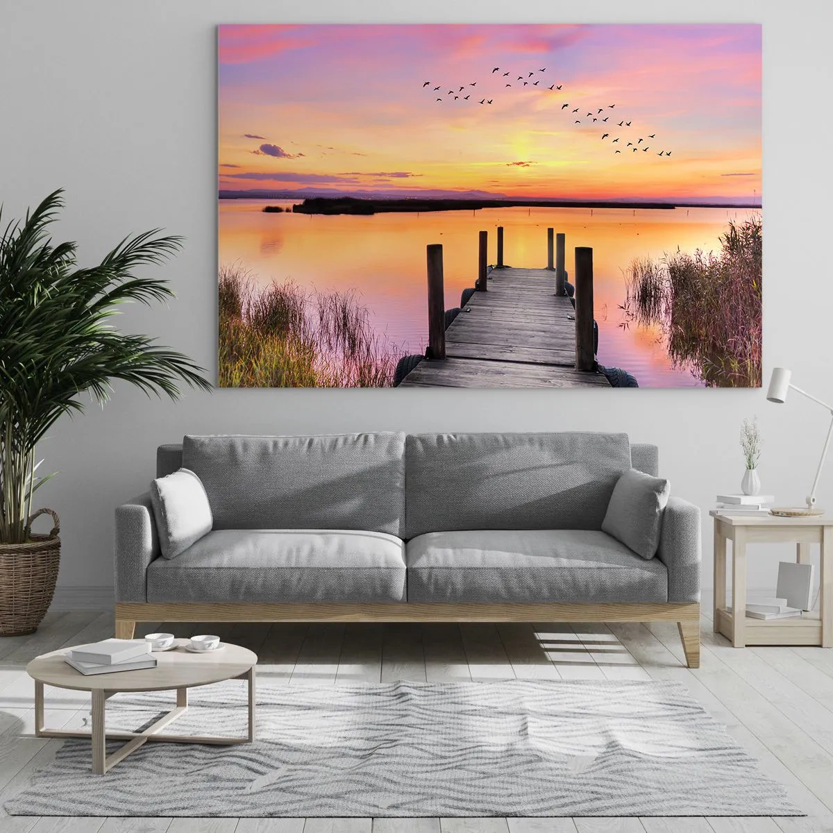 Schilderen op glas - Pier aan het meer bij zonsondergang met vogels in de lucht - 70x50cm - Violet stille dageraad - Moderne wanddecoratie voor woonkamer en slaapkamer ARTTOR