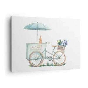 Schilderen op canvas - Een fiets met ijs en bloemen onder een paraplu in delicate pastelkleuren - 70x50cm - Zoete herinnering aan de zomer - Moderne wanddecoratie voor woonkamer en slaapkamer ARTTOR