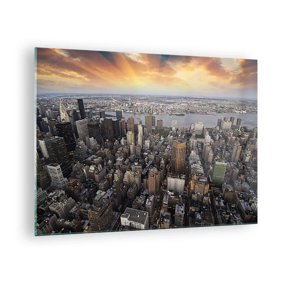 Schilderen op glas - Stadspanorama met uitzicht op wolkenkrabbers bij zonsondergang - 70x50cm - Het kloppend hart van onze tijd - Moderne wanddecoratie voor woonkamer en slaapkamer ARTTOR