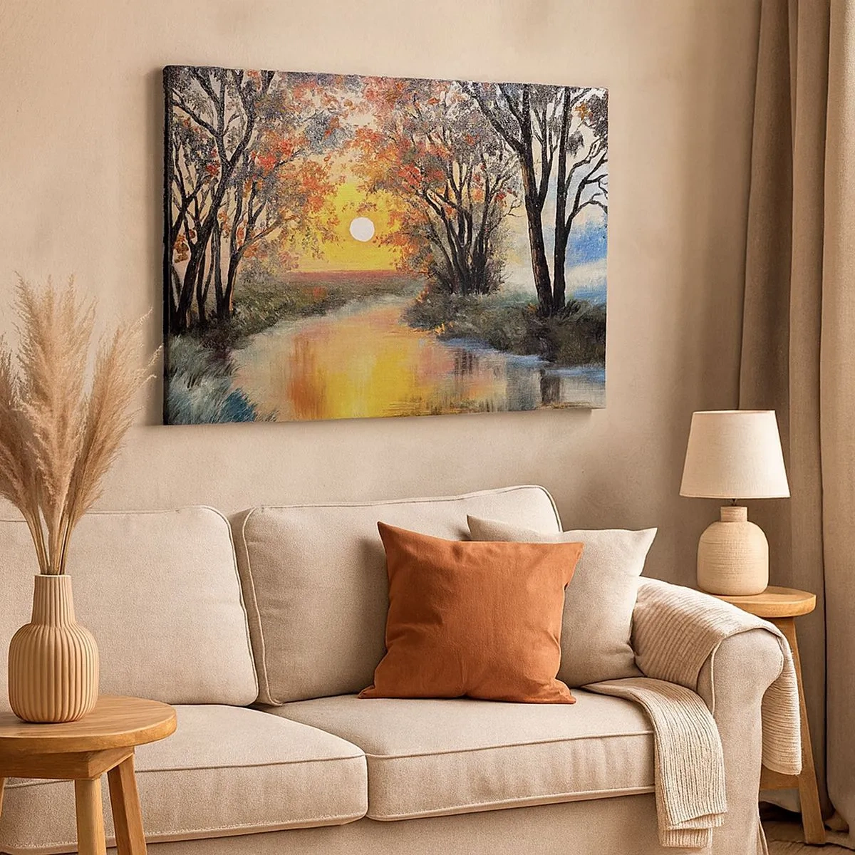 Schilderen op canvas - Zonsondergang over de rivier in een herfstlandschap - 70x50cm - Herfst vibes - Moderne wanddecoratie voor woonkamer en slaapkamer ARTTOR