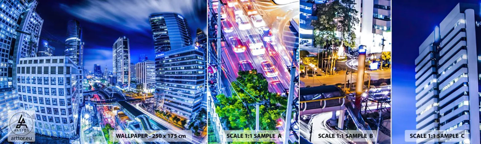 Fotobehang Monster Zelfklevend Deluxe Sticker - Ritmes van de nachtstad - Stad, Bangkok, Architectuur - 100x30 cm