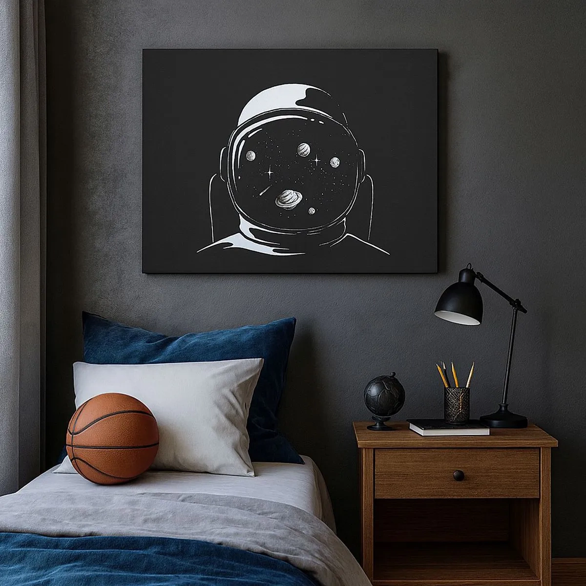 Schilderen op canvas - Een minimalistische astronautenhelm met uitzicht op de ruimte - 70x50cm - Mooi uitzicht - Moderne wanddecoratie voor woonkamer en slaapkamer ARTTOR