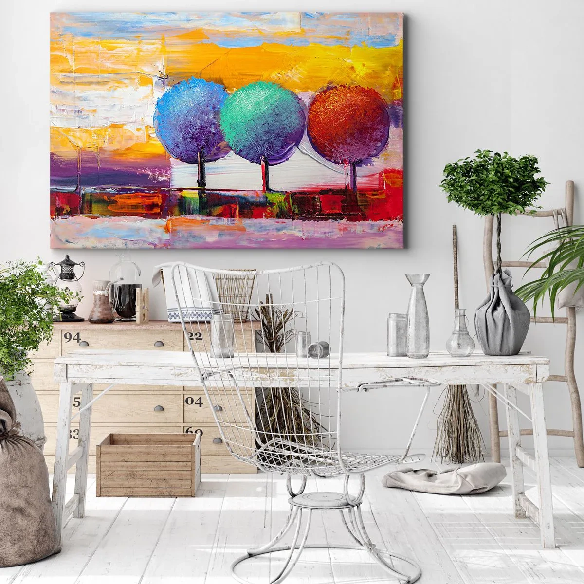 Schilderen op canvas - Drie kleurrijke bomen op een abstracte achtergrond - 70x50cm - Driemaal is scheepsrecht - Moderne wanddecoratie voor woonkamer en slaapkamer ARTTOR