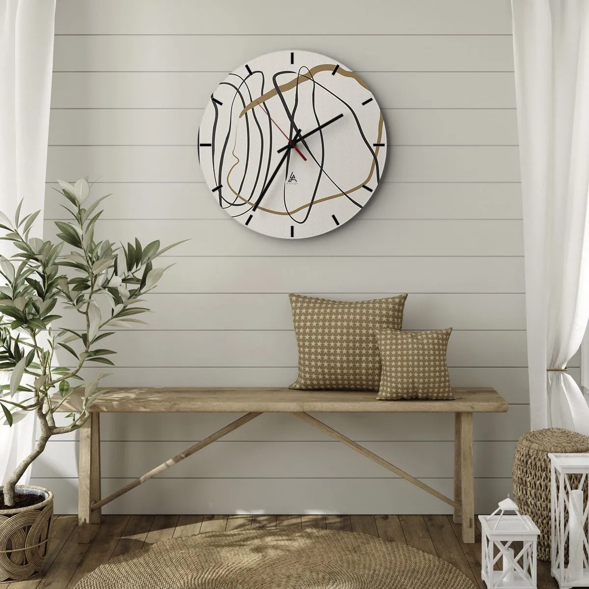 Wandklok - Klok - Abstracte, dansende lijnen op een lichte achtergrond - 30x30cm - Compositie – loopdans - Moderne wanddecoratie voor woonkamer, keuken en slaapkamer ARTTOR