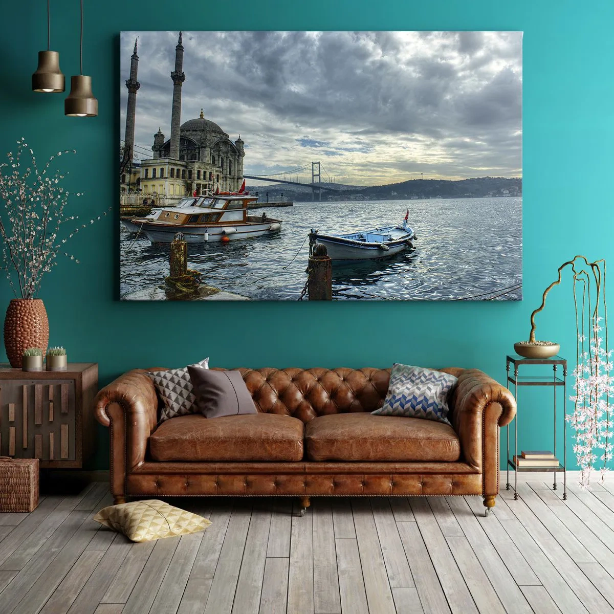 Schilderen op canvas - Een historisch gebouw aan het water met boten en een brug op de achtergrond - 70x50cm - Op de grens van de werelden - Moderne wanddecoratie voor woonkamer en slaapkamer ARTTOR
