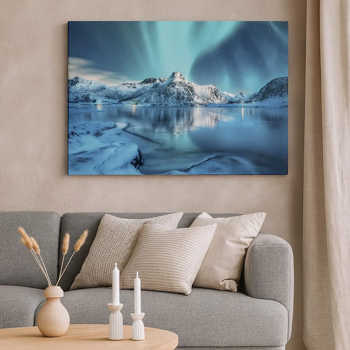 Schilderen op canvas - Aurora Borealis boven met sneeuw bedekte bergen en een meer - 70x50cm - lichtnacht - Moderne wanddecoratie voor woonkamer en slaapkamer ARTTOR
