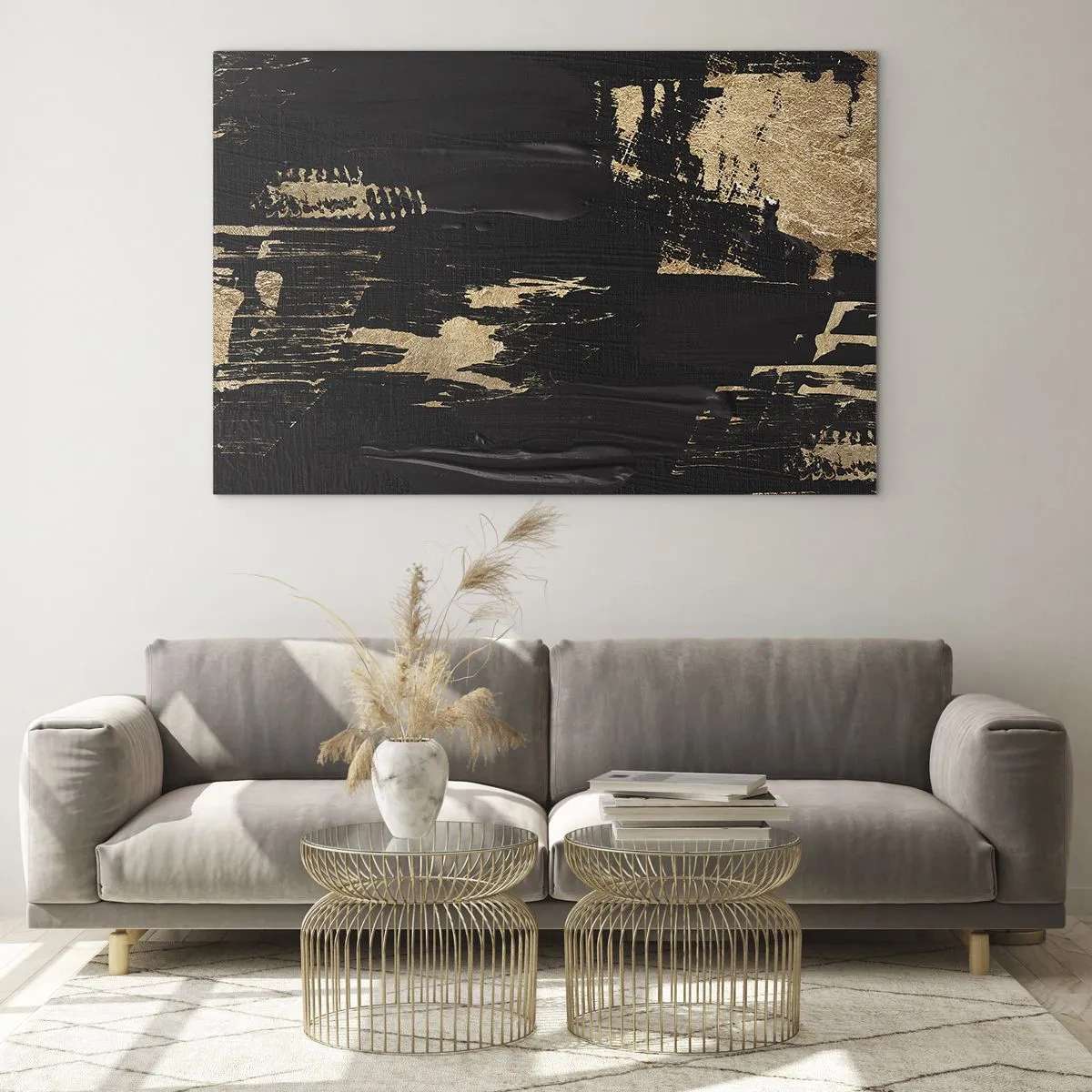 Schilderen op glas - Zwart-gouden abstractie met een penseelstreekachtige textuur - 70x50cm - Spoor van aanraking - Moderne wanddecoratie voor woonkamer en slaapkamer ARTTOR