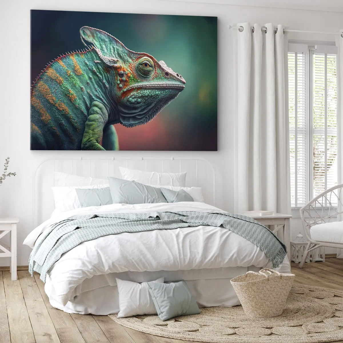 Schilderen op canvas - Close-up van een kameleon in intense kleuren - 70x50cm - Jij ziet mij? Niet goed… - Moderne wanddecoratie voor woonkamer en slaapkamer ARTTOR