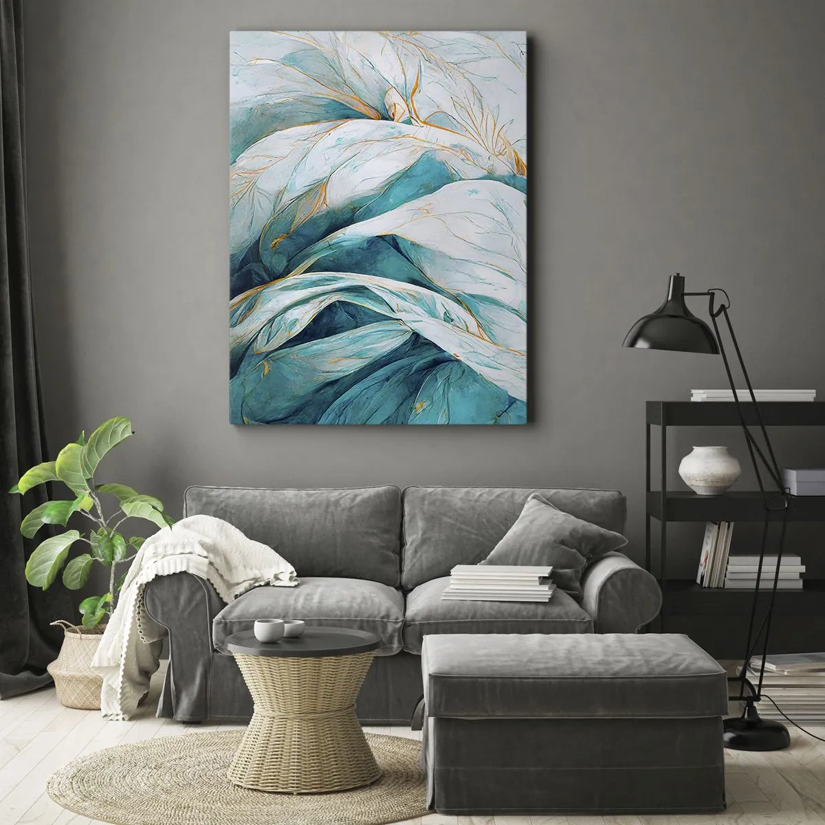 Schilderen op canvas - Blauwe abstractie met een gouden motief - 80x120 cm