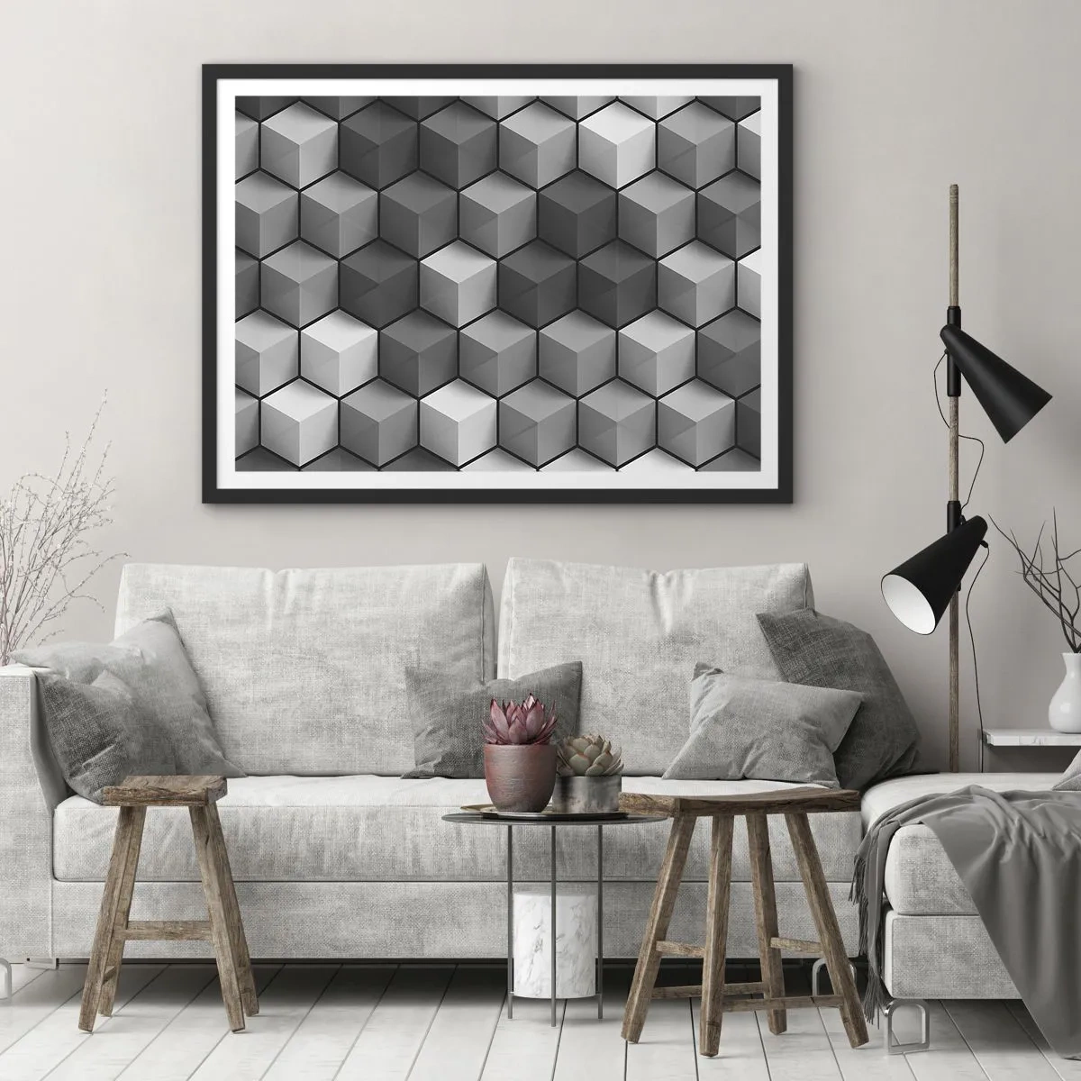 Poster in een zwarte lijst - Kubistische puzzel - 50x40 cm