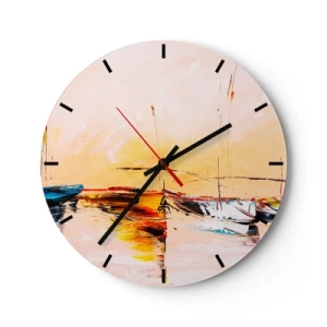 Wandklok - Klok - Zeilboten in een pittoreske haven bij zonsondergang - 30x30cm - Avond in de jachthaven - Moderne wanddecoratie voor woonkamer, keuken en slaapkamer ARTTOR