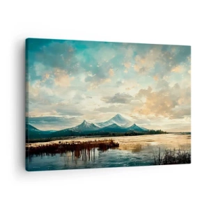 Schilderen op canvas - Een schilderachtig landschap met een berg en een kalm meer - 70x50cm - Onder bescherming van de hemel - Moderne wanddecoratie voor woonkamer en slaapkamer ARTTOR