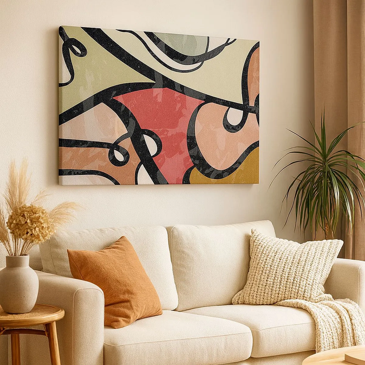 Schilderen op canvas - Kleurrijke abstracte vormen met zwarte lijnen - 70x50cm - Pirouettes tussen kleuren - Moderne wanddecoratie voor woonkamer en slaapkamer ARTTOR