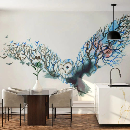 Fotobehang Premium Canvas - Op de vleugels van het bos - Abstractie, Uil, Vogel - 250x175 cm