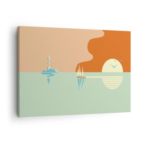 Schilderen op canvas - Een minimalistisch zeegezicht met een zeilboot en een zonsondergang - 70x50cm - Het perfecte zeelandschap - Moderne wanddecoratie voor woonkamer en slaapkamer ARTTOR