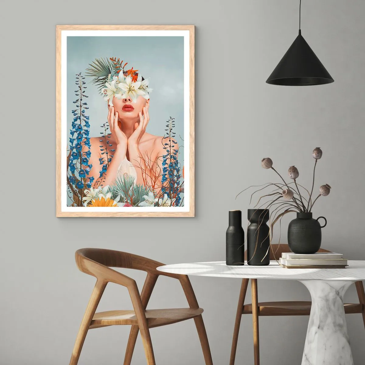 Een poster in een licht eiken lijst - Vrouw - bloem - 50x70 cm