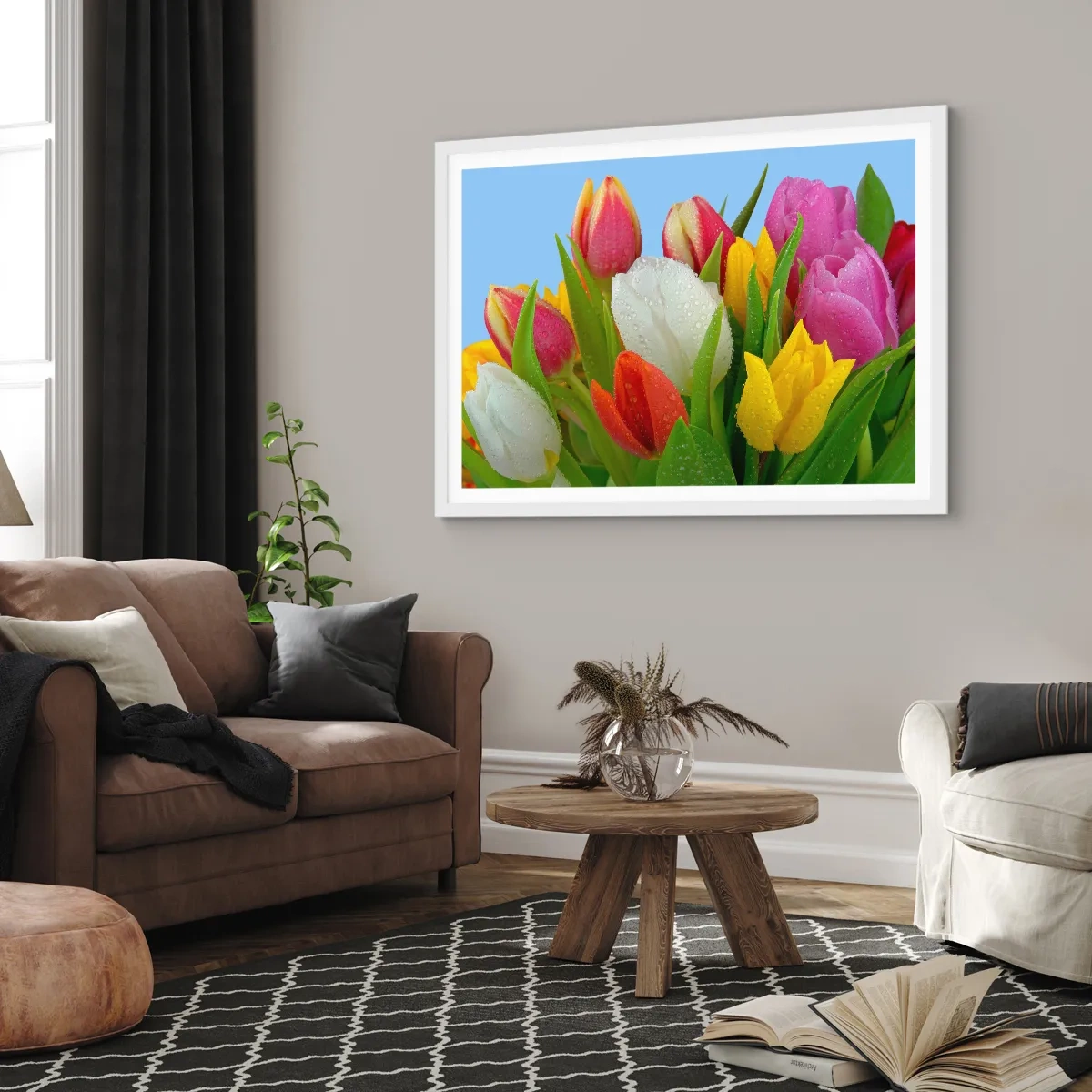 Poster in een witte lijst - Een bloemenregenboog in dauwdruppels - 70x50 cm