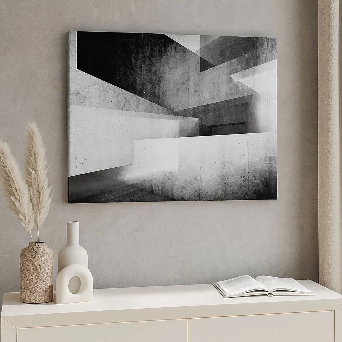 Schilderen op canvas - Geometrische vormen in een monochromatische compositie - 70x50cm - De structuur van de ruimte - Moderne wanddecoratie voor woonkamer en slaapkamer ARTTOR