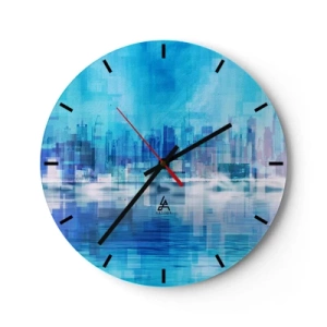 Wandklok - Klok - Een stadsgezicht in tinten blauw en paars met een abstract effect. - 30x30cm - Verdronken in het blauw - Moderne wanddecoratie voor woonkamer, keuken en slaapkamer ARTTOR