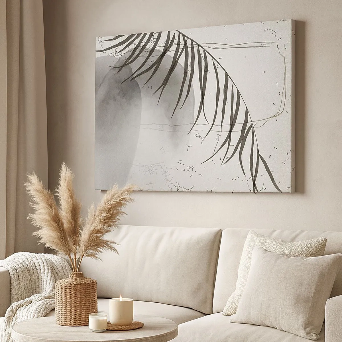 Schilderen op canvas - Een delicaat palmbladmotief op een lichte achtergrond in Scandinavische stijl. - 70x50cm - Het subtiele exotisme van de natuur - Moderne wanddecoratie voor woonkamer en slaapkamer ARTTOR