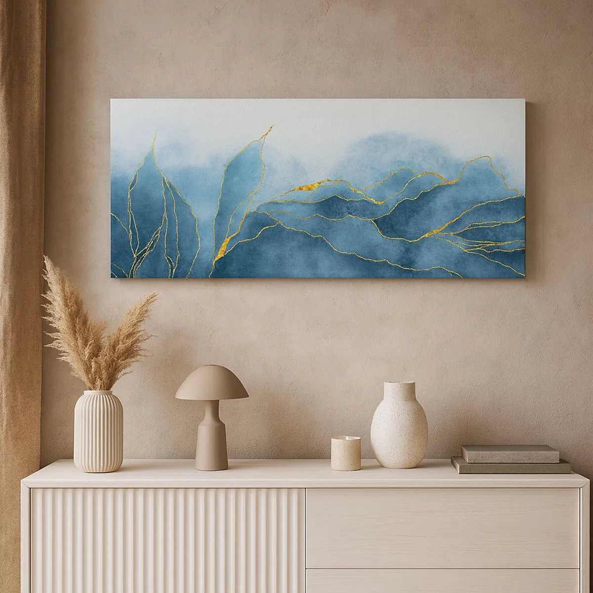Schilderen op canvas - Blauw in goud - 100x40 cm