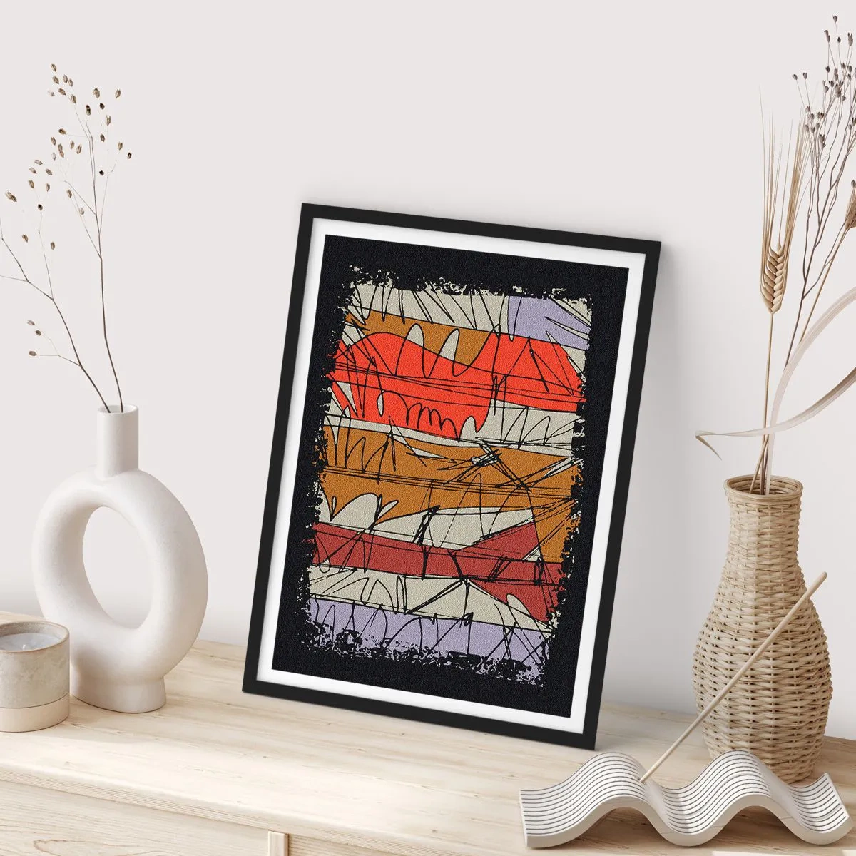 Poster in een zwarte lijst - Een abstracte compositie met dynamische lijnen en kleuren. - 50x70cm - Spontane compositie - Moderne wanddecoratie voor woonkamer en slaapkamer ARTTOR