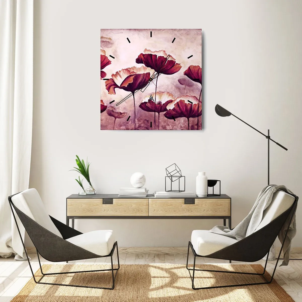 Wandklok - Klok - Rood en wit bloemblad - 40x40 cm