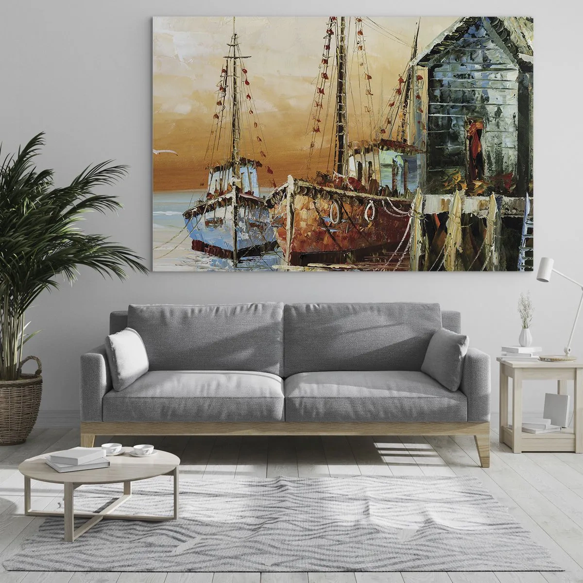 Schilderen op glas - Kleurrijke boten in de jachthaven - 70x50cm - Een vreedzame terugkeer - Moderne wanddecoratie voor woonkamer en slaapkamer ARTTOR
