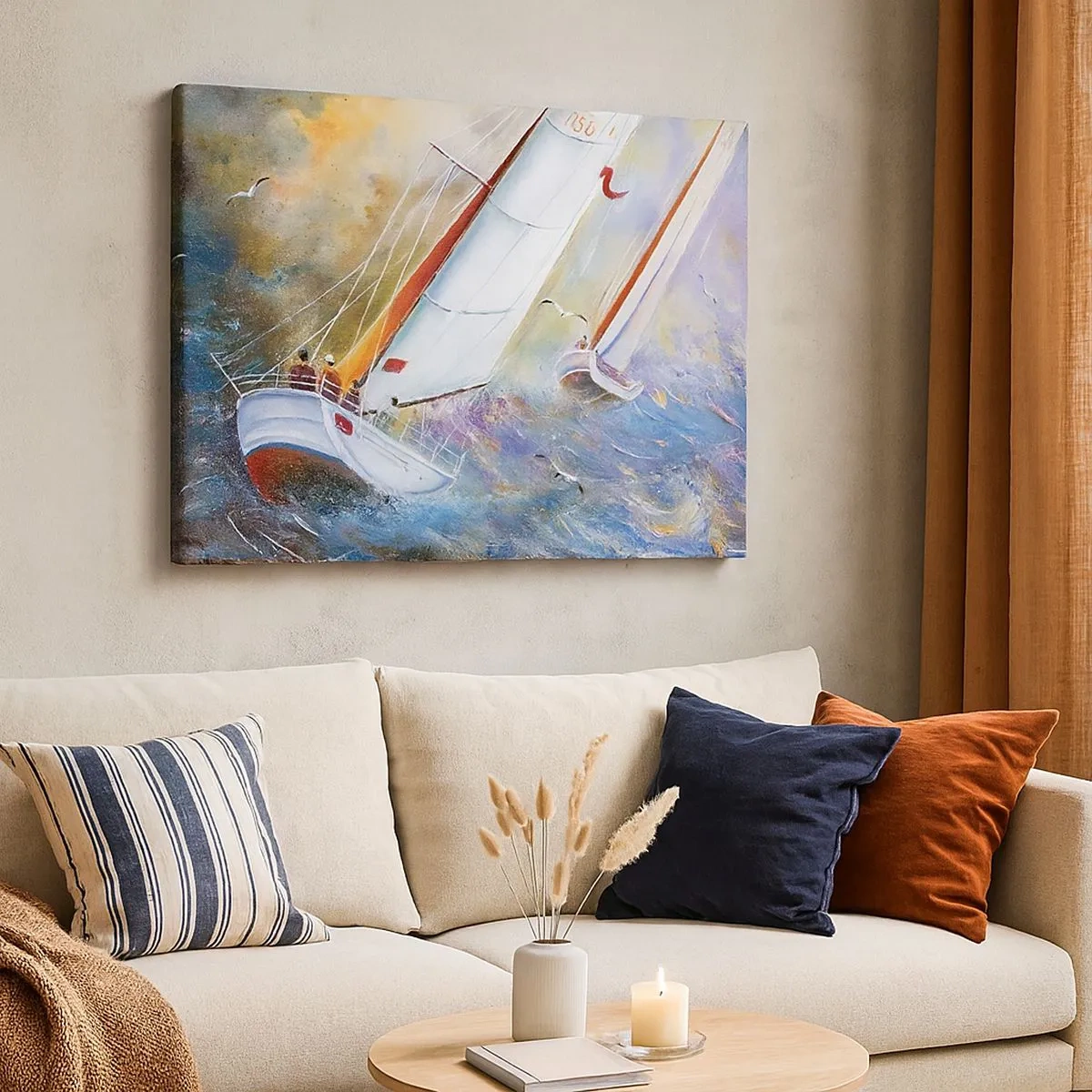 Schilderen op canvas - Zeilboten op ruwe golven in een dynamische compositie - 70x50cm - Lopend op de golven - Moderne wanddecoratie voor woonkamer en slaapkamer ARTTOR