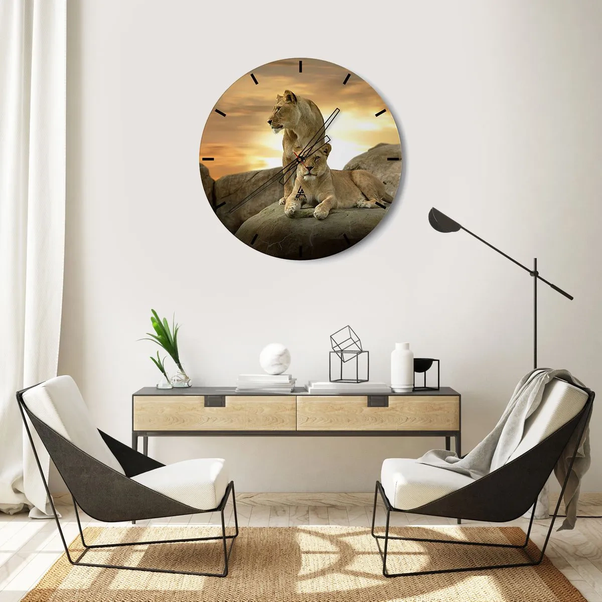 Wandklok - Klok - Twee leeuwen tegen de ondergaande zon - 30x30cm - Koninklijke majesteit - Moderne wanddecoratie voor woonkamer, keuken en slaapkamer ARTTOR