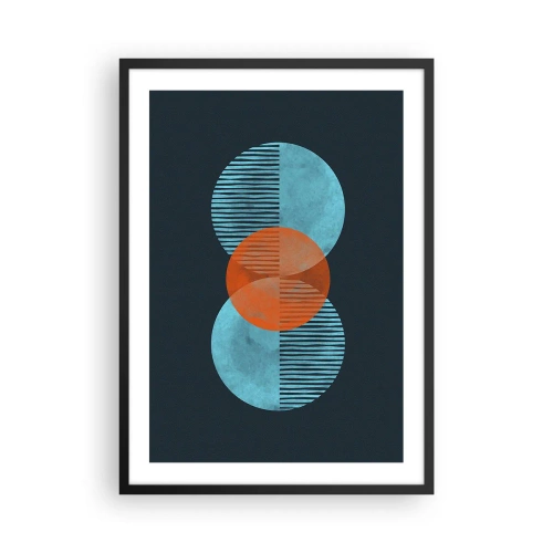 Poster in een zwarte lijst - Symmetrische cirkels in tinten blauw en oranje met lijnen - 50x70cm - Symmetrische compositie - Moderne wanddecoratie voor woonkamer en slaapkamer ARTTOR