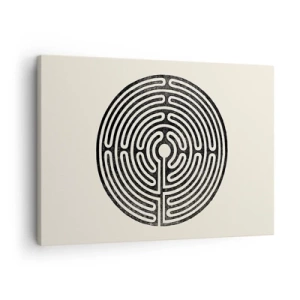 Schilderen op canvas - Zwart-wit cirkelvormig doolhof op een lichte achtergrond - 70x50cm - Mysterieuze orde - Moderne wanddecoratie voor woonkamer en slaapkamer ARTTOR