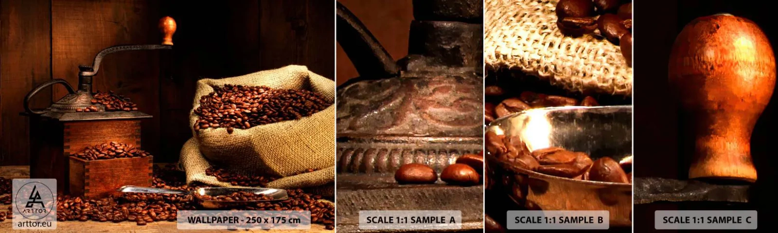 Fotobehang Monster Zelfklevend Deluxe Sticker - Stilleven met koffiebonen en een molen - Gastronomie, Koffie, Koffiemolen - 100x30 cm