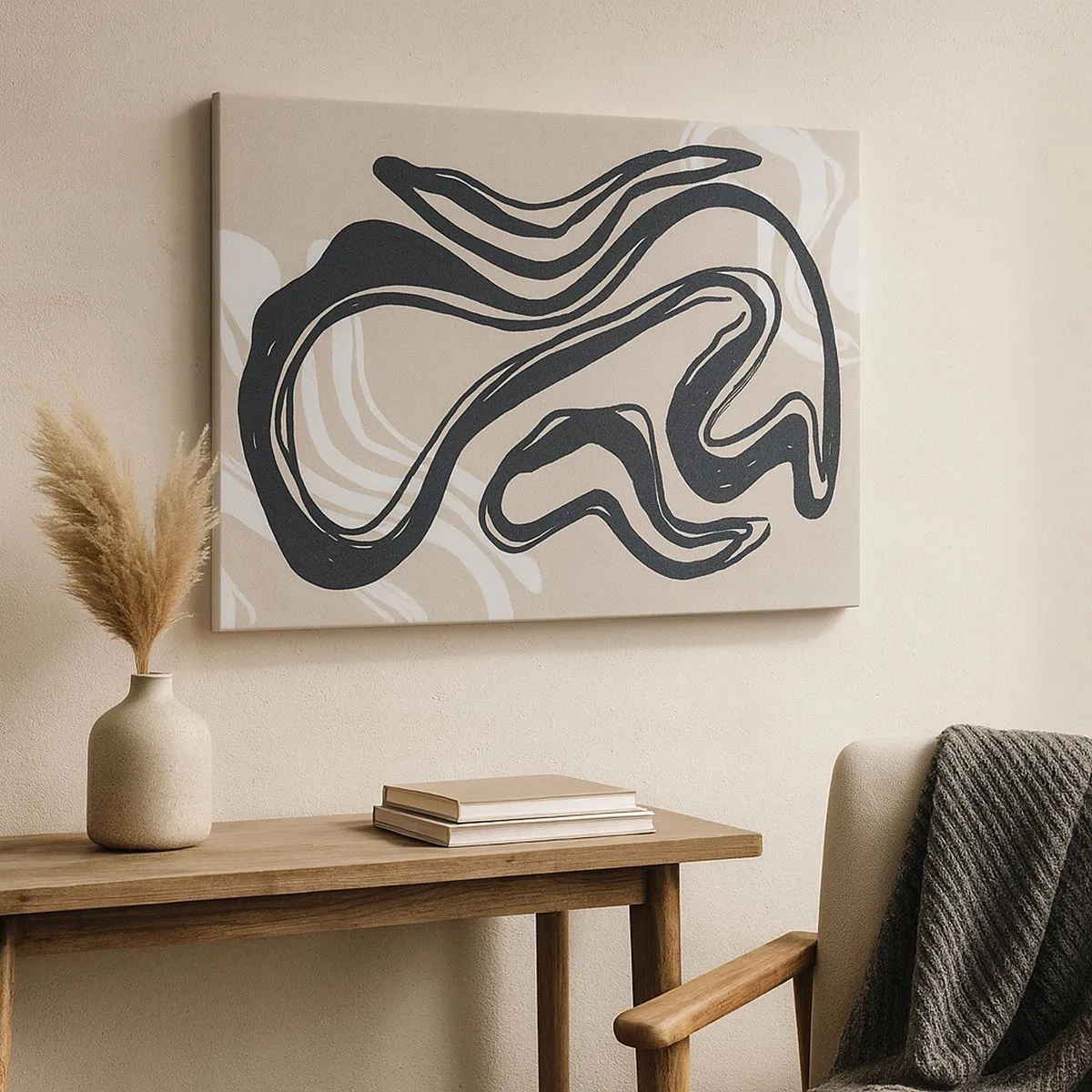 Schilderen op canvas - Abstracte lijnen in donkere tinten op een beige achtergrond - 70x50cm - Expressie vermenigvuldigd - Moderne wanddecoratie voor woonkamer en slaapkamer ARTTOR