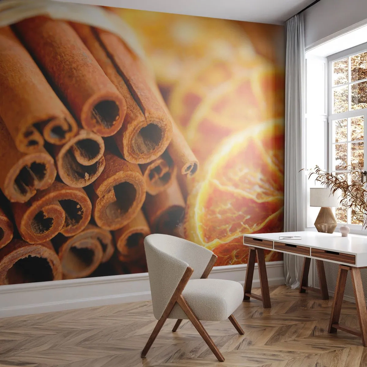 Zelfklevend Fotobehang Deluxe Sticker - Kun je hun geur ruiken? - Oranje, Kaneelstok, Specerijen - 250x175 cm