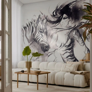 Zelfklevend Fotobehang Deluxe Sticker - Dansend met de zebra's - Abstractie, Vrouw, Ribben - 200x140 cm