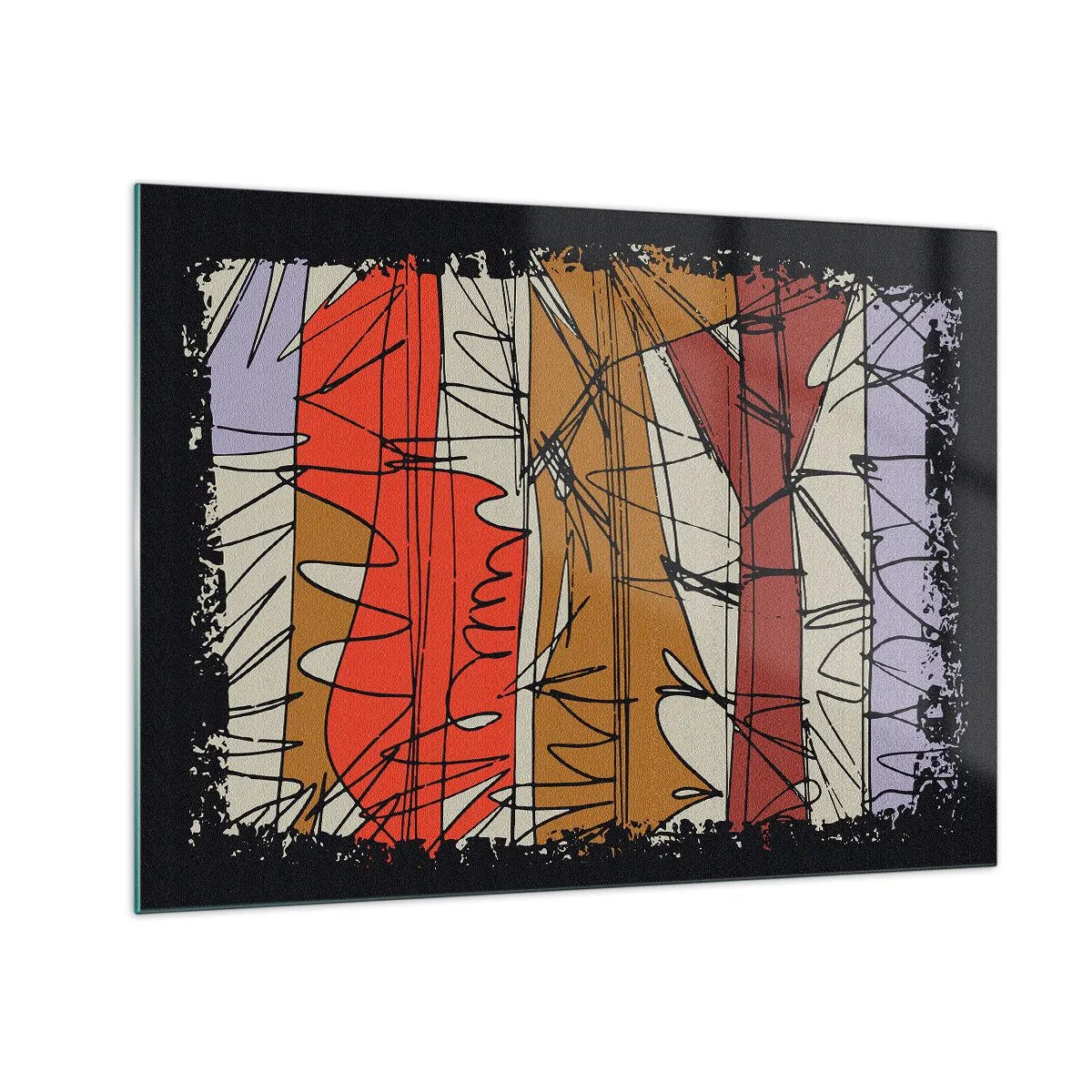 Schilderen op glas - Grafische abstractie met gekleurde strepen en zwarte lijnen - 70x50cm - Spontane compositie - Moderne wanddecoratie voor woonkamer en slaapkamer ARTTOR