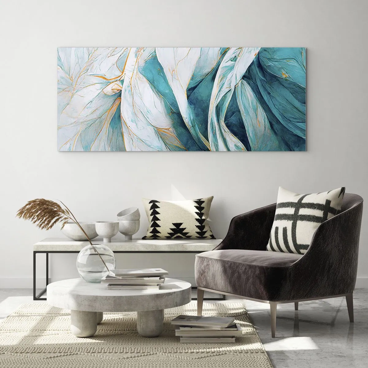 Schilderen op glas - Blauwe abstractie met een gouden motief - 120x50 cm