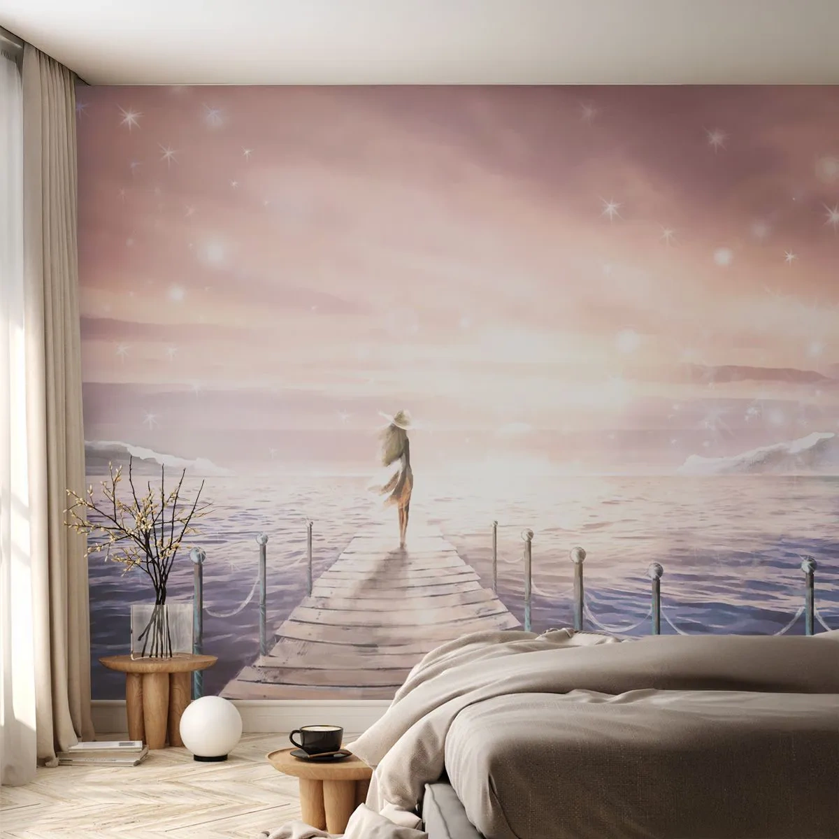 Fotobehang Premium Canvas - In het licht van een droom - Landschap, Vrouw, Zee - 250x175 cm