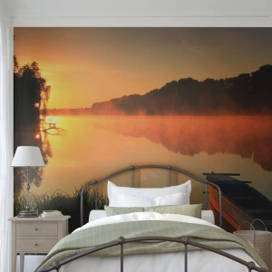 Fotobehang Premium Canvas - Zonsopgang boven het water als een spiegel - Landschap, Meer, Ochtend - 150x105 cm